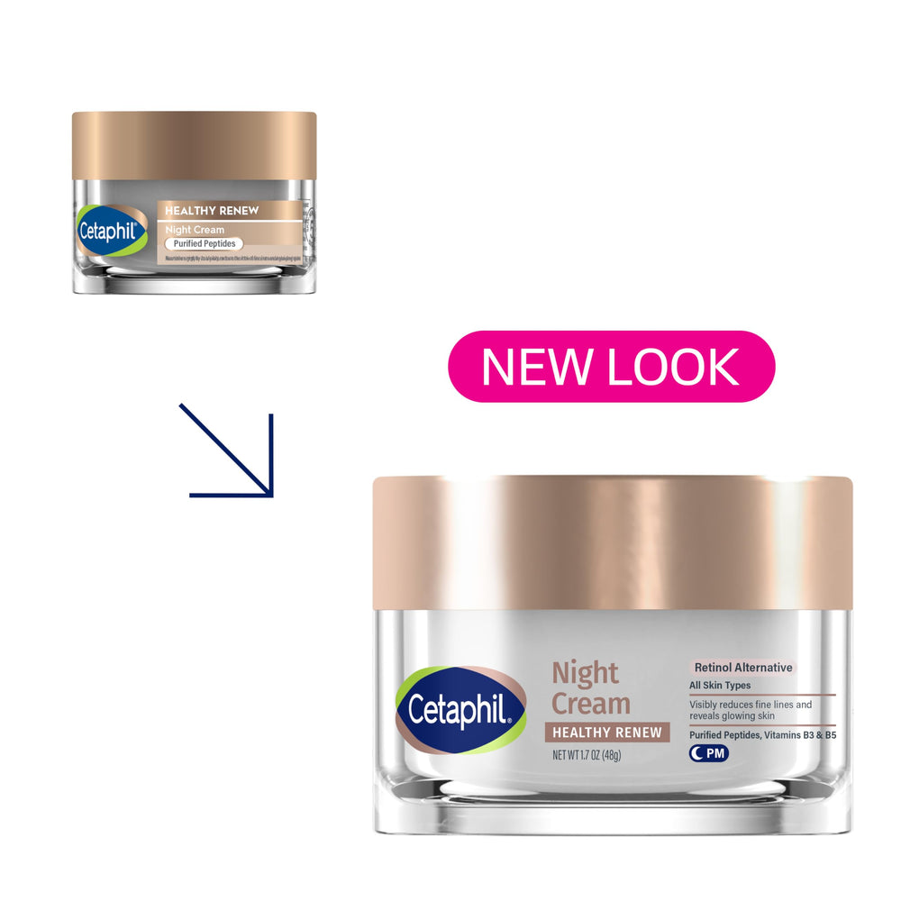 Cetaphil Healthy Renew Night Cream jar open with swatch, hydrating overnight care.