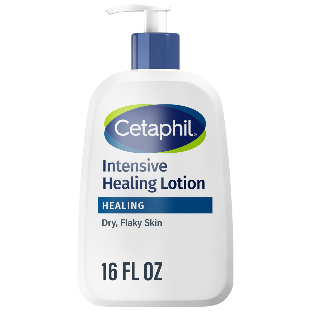 Cetaphil Intensive Healing Lotion bottle demonstrates 24-hour hydration for dry, rough skin.