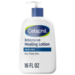 Cetaphil Intensive Healing Lotion bottle demonstrates 24-hour hydration for dry, rough skin.