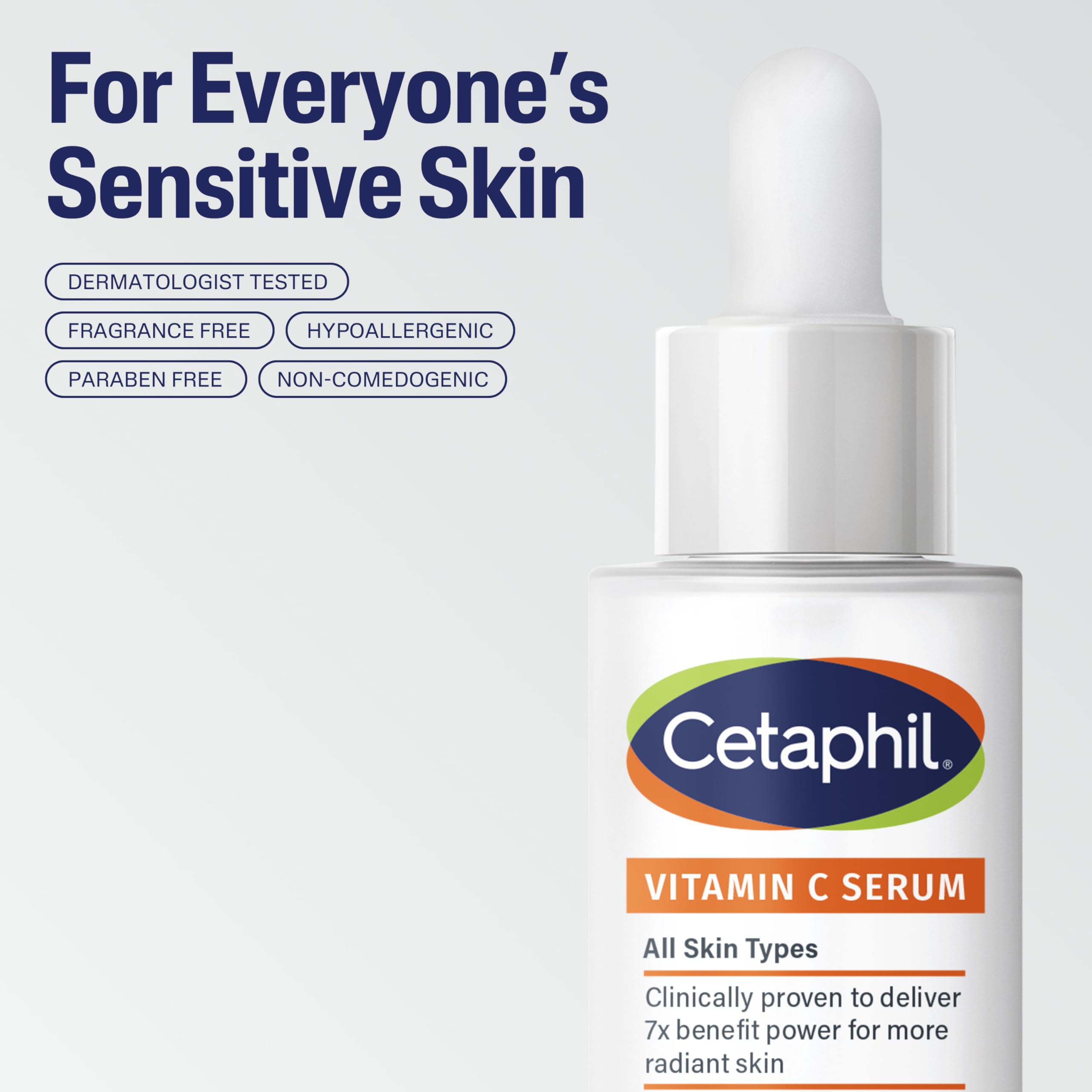 Cetaphil Vitamin C Serum glass bottle foreground emphasizes lightweight, fragrance-free brightening.