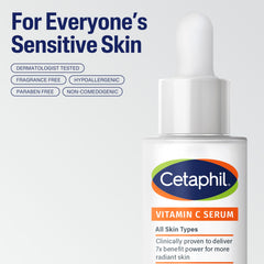 Cetaphil Vitamin C Serum glass bottle foreground emphasizes lightweight, fragrance-free brightening.