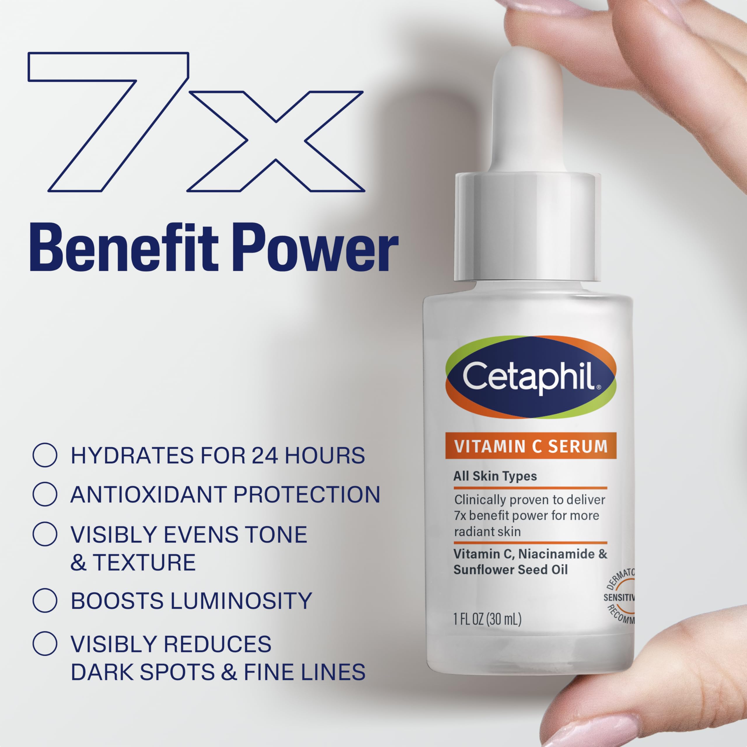 Cetaphil Vitamin C Serum application on skin illustrates improved texture and glow.