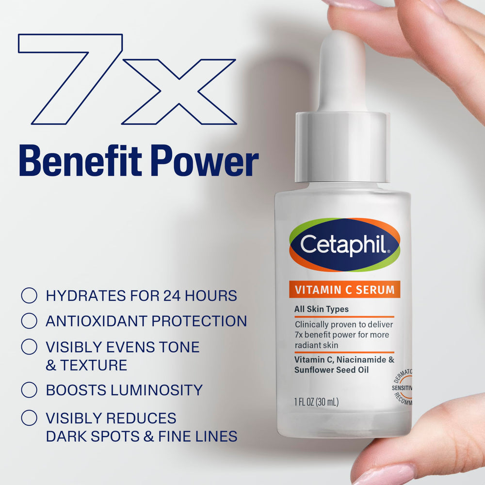 Cetaphil Vitamin C Serum application on skin illustrates improved texture and glow.