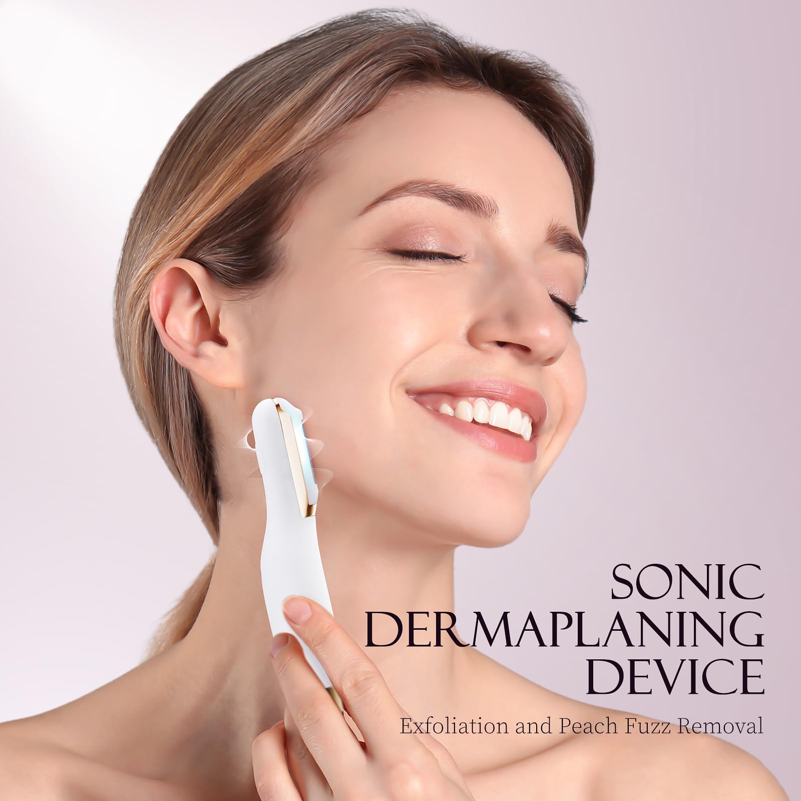 CEVEK Sonic Dermaplane Razor face closeup blades focuses on precision for peach fuzz removal.