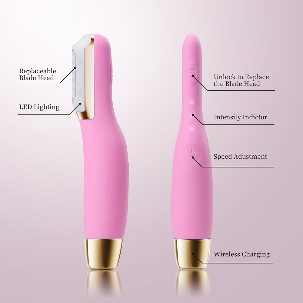 CEVEK woman using dermaplane on face for smoother makeup application.