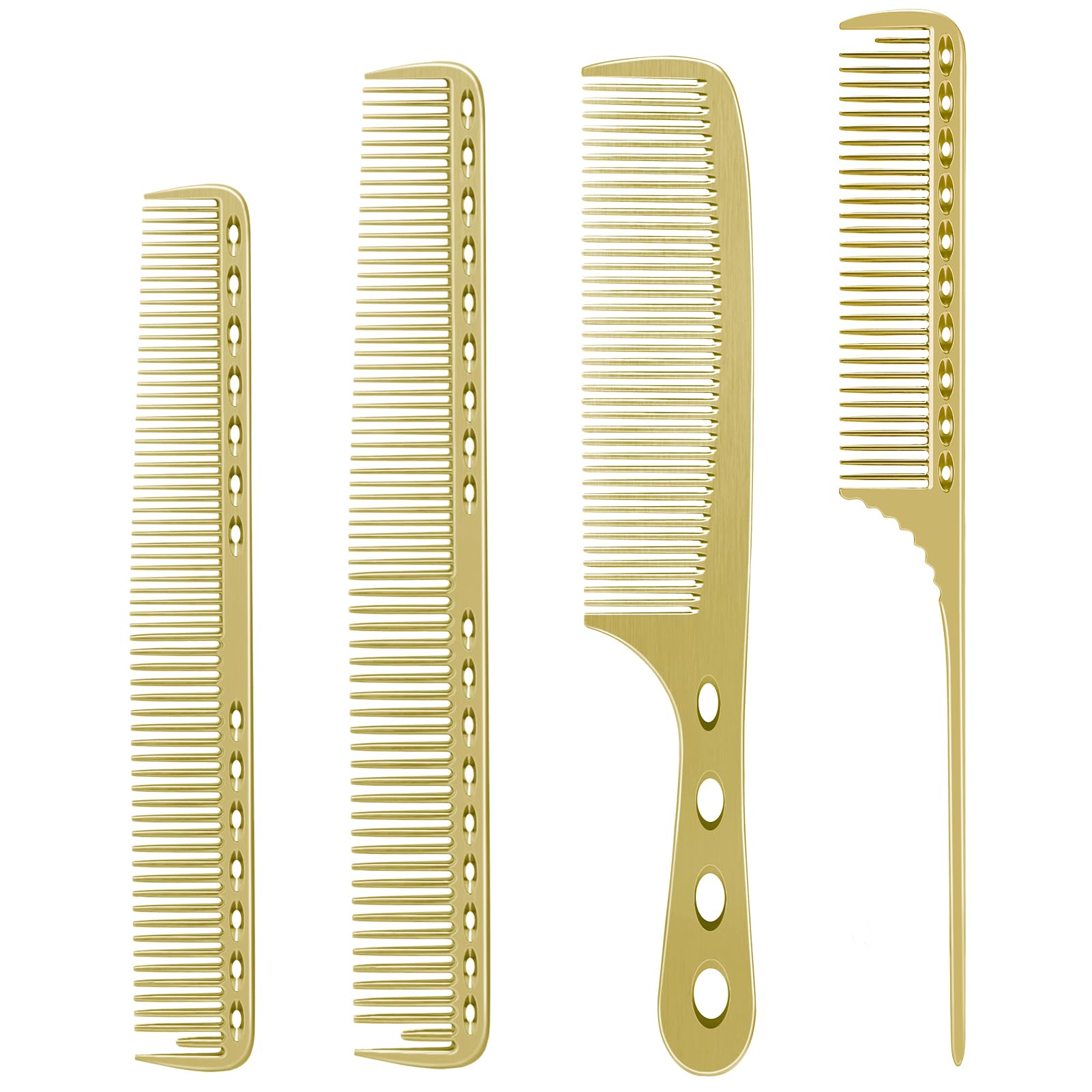 CGBARBER aluminum 4-type comb set in golden finish for durable salon use.
