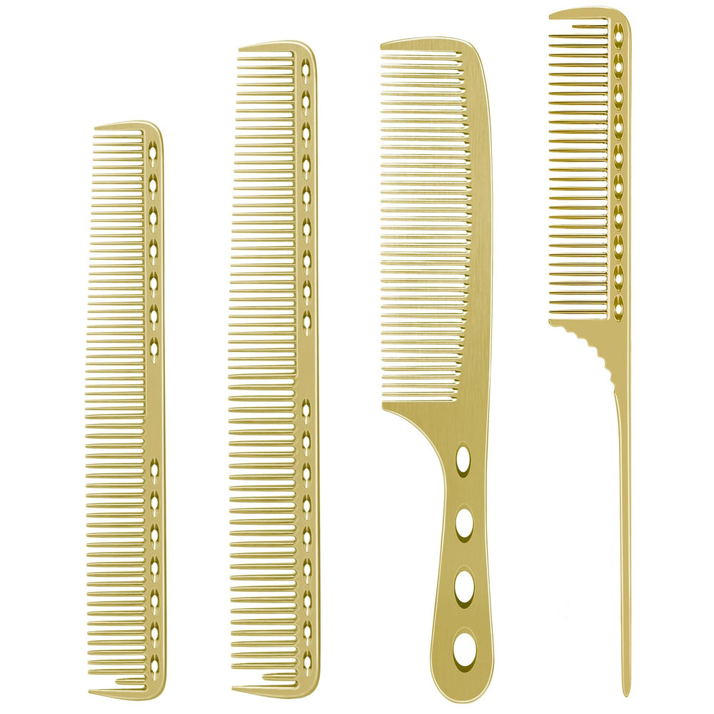 CGBARBER aluminum 4-type comb set in golden finish for durable salon use.
