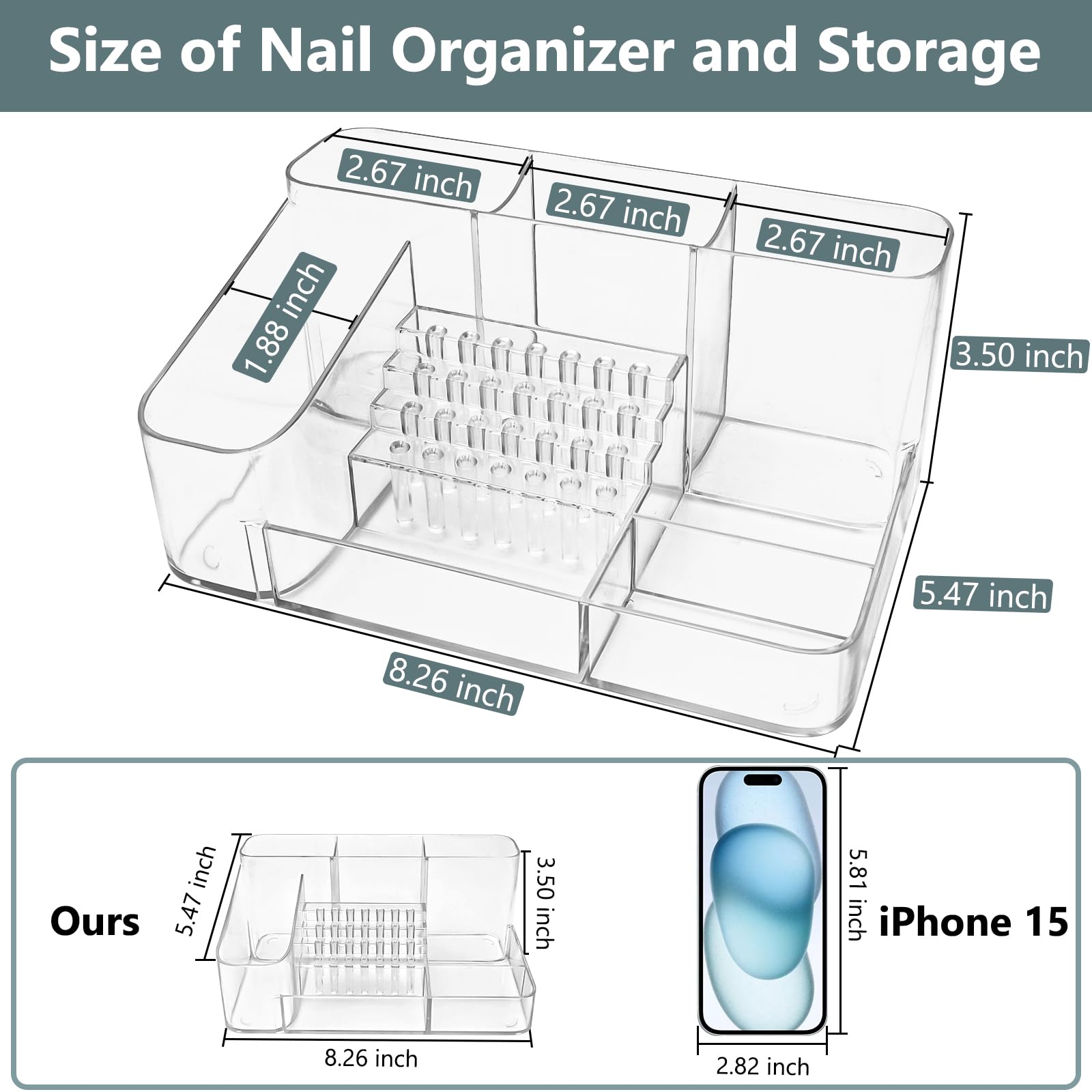 CGBE top layer stores nail files and drill pens for fast selection.