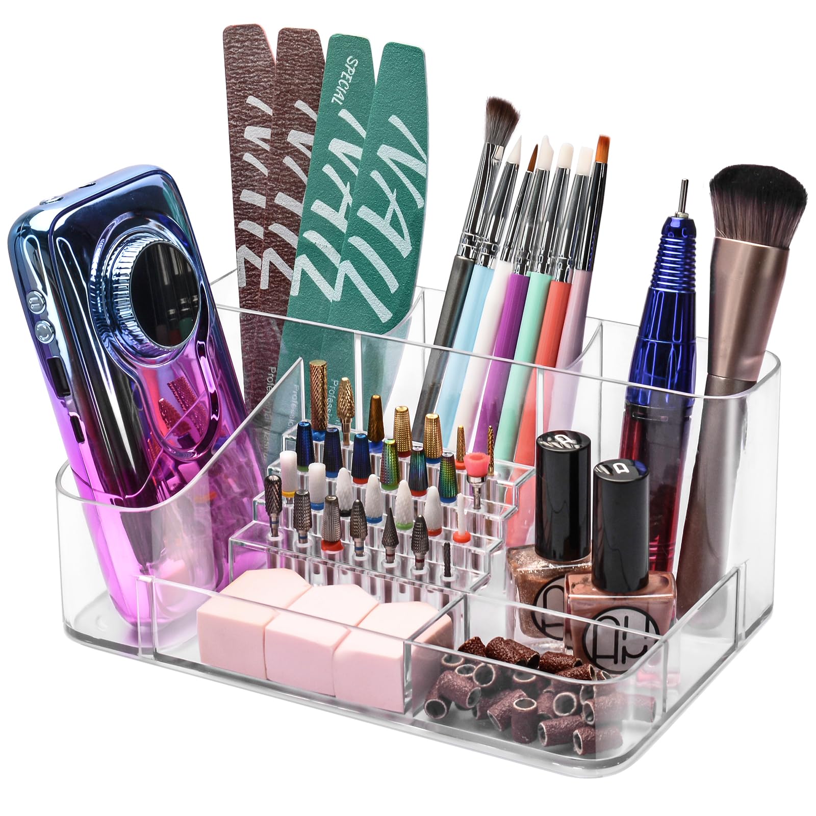 CGBE Nail Drill Holder with 28 holes keeps drill bits neatly organized for quick access.