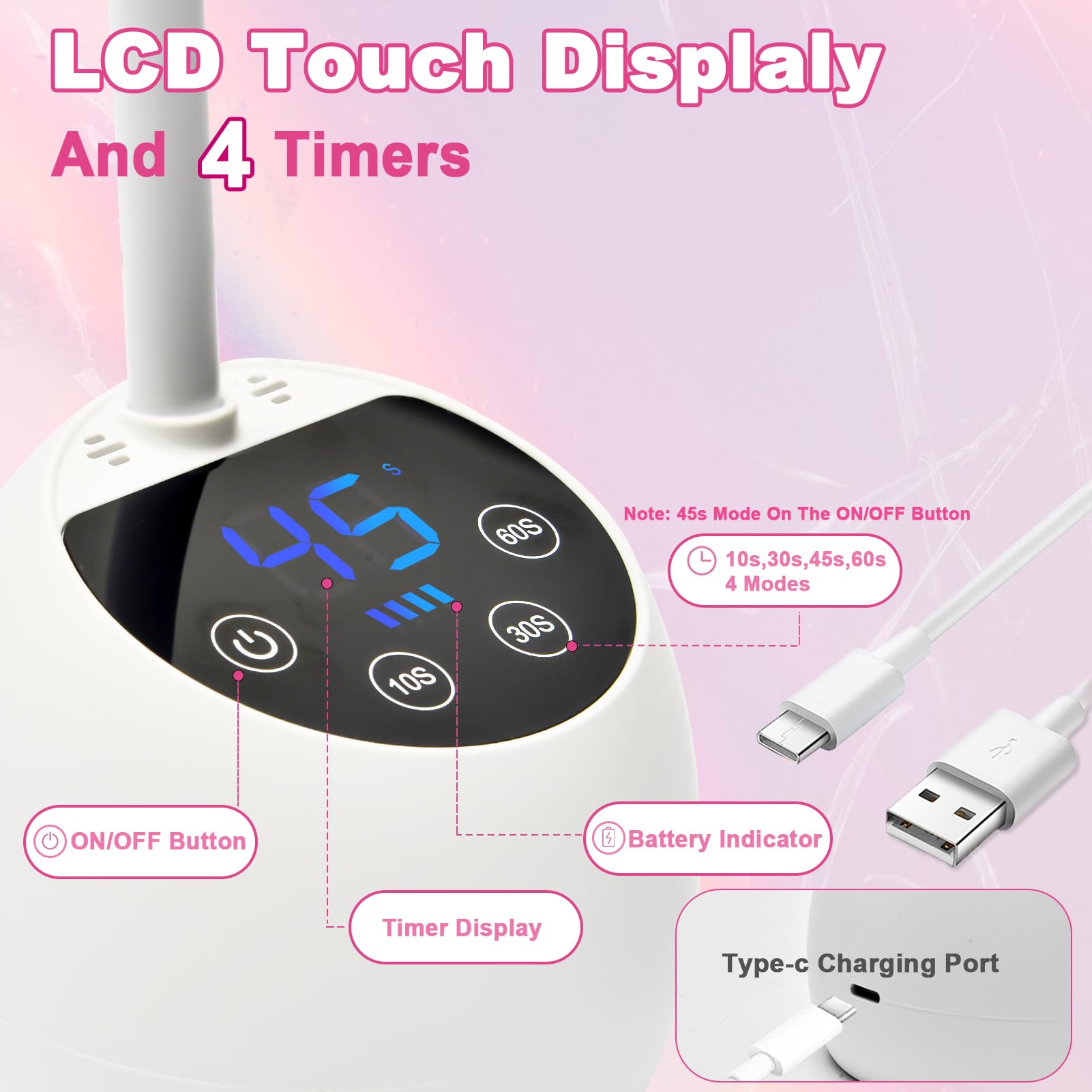 CGBE UV LED Nail Lamp LCD display and controls for real-time timing and battery status