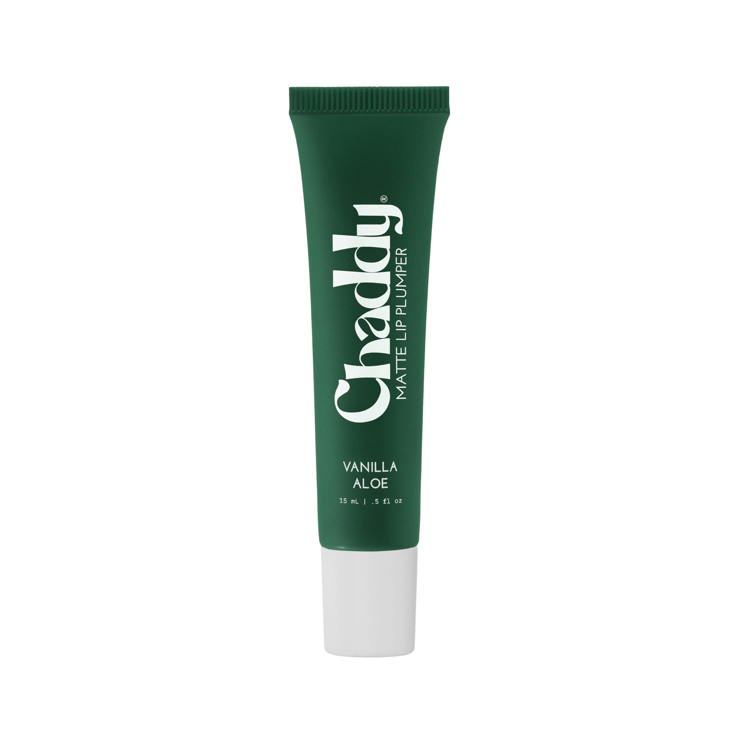 Chaddy Matte Lip Plumper Vanilla Aloe tube closeup shows sleek packaging and a hydrating formula.