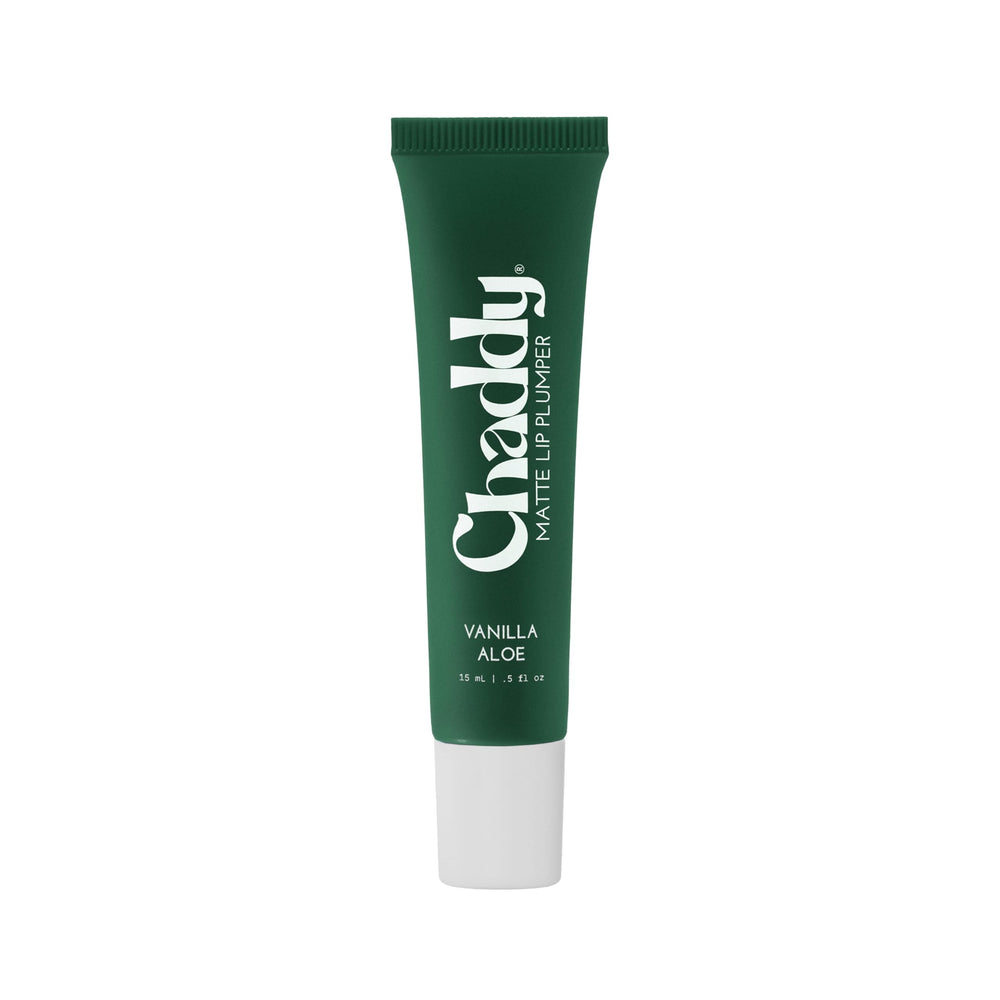 Chaddy Matte Lip Plumper Vanilla Aloe tube closeup shows sleek packaging and a hydrating formula.