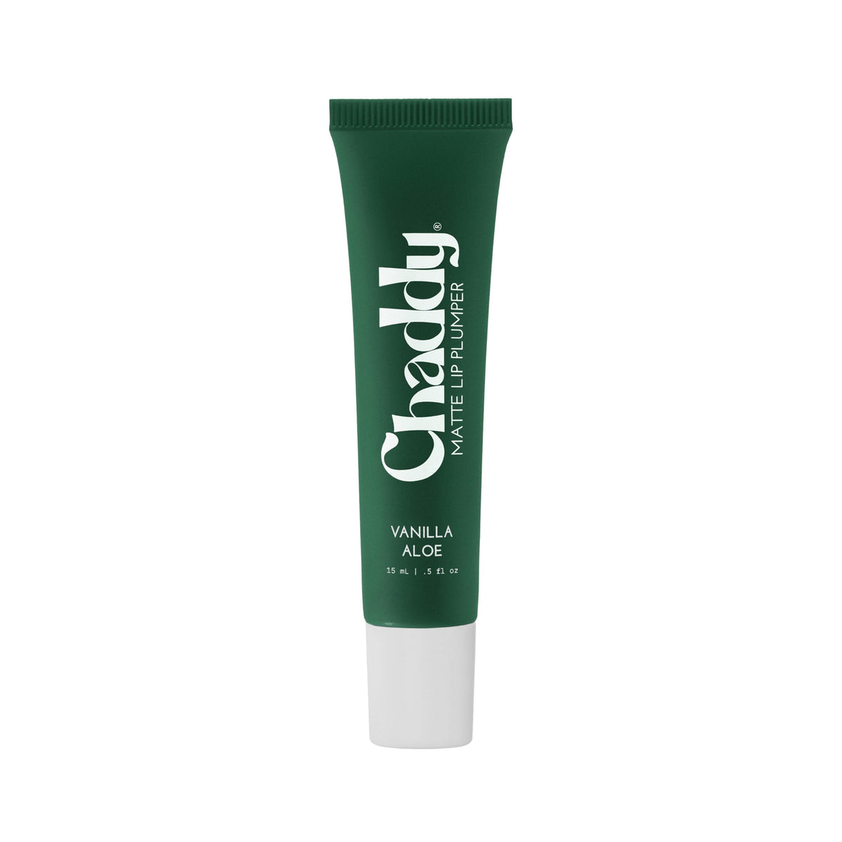 Chaddy Matte Lip Plumper Vanilla Aloe tube closeup shows sleek packaging and a hydrating formula.