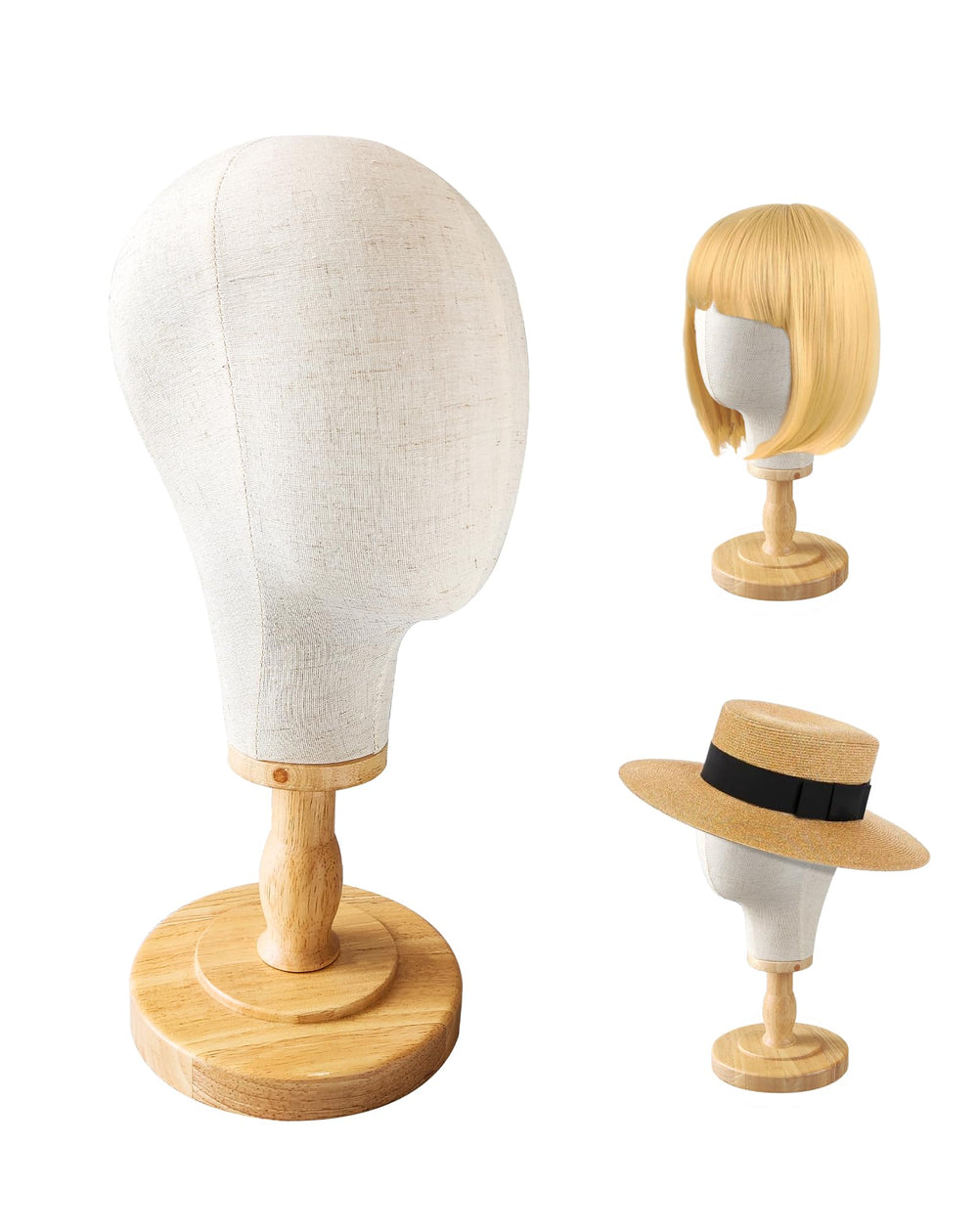 CHADWICK wig head stand base provides stable display for wigs and hats.