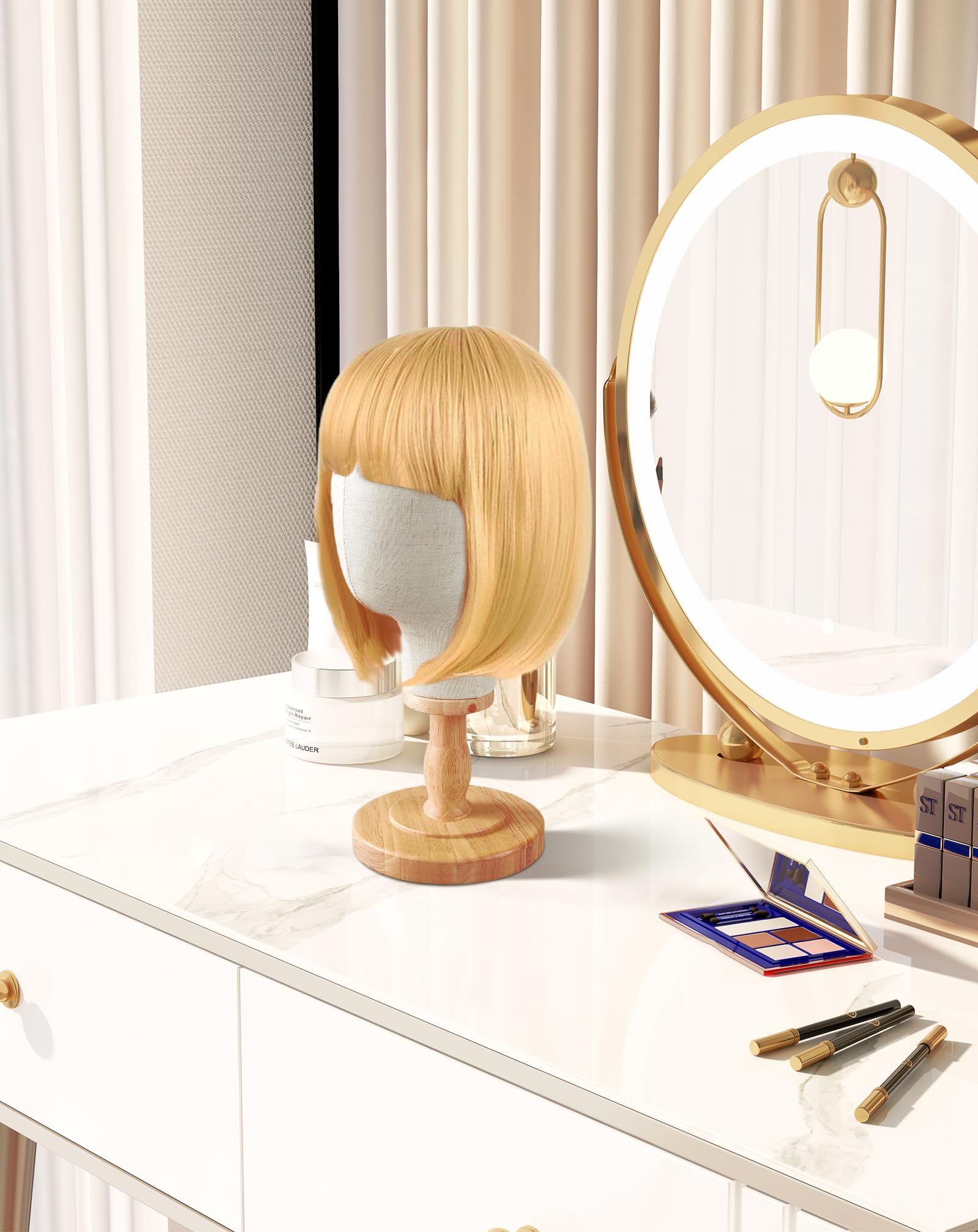 CHADWICK wig head stand fabric head blends with products for clean presentation.