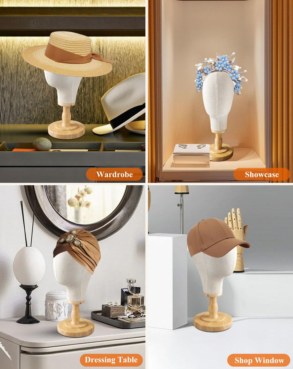 CHADWICK wig head stand hat display highlights caps and headwear attractively.