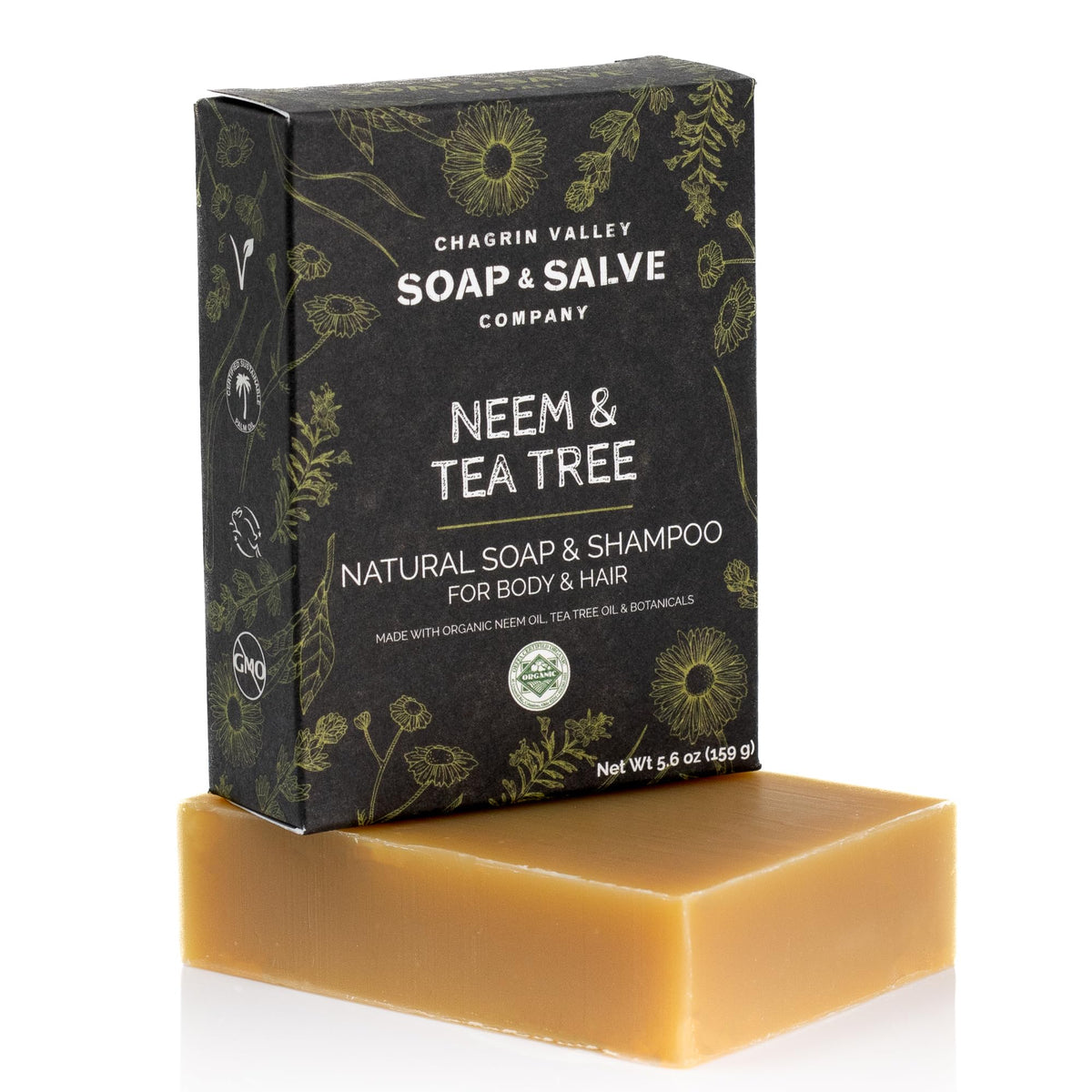 Chagrin Valley Neem & Tea Tree bar packaging highlights eco-friendly packaging ideal for travel.