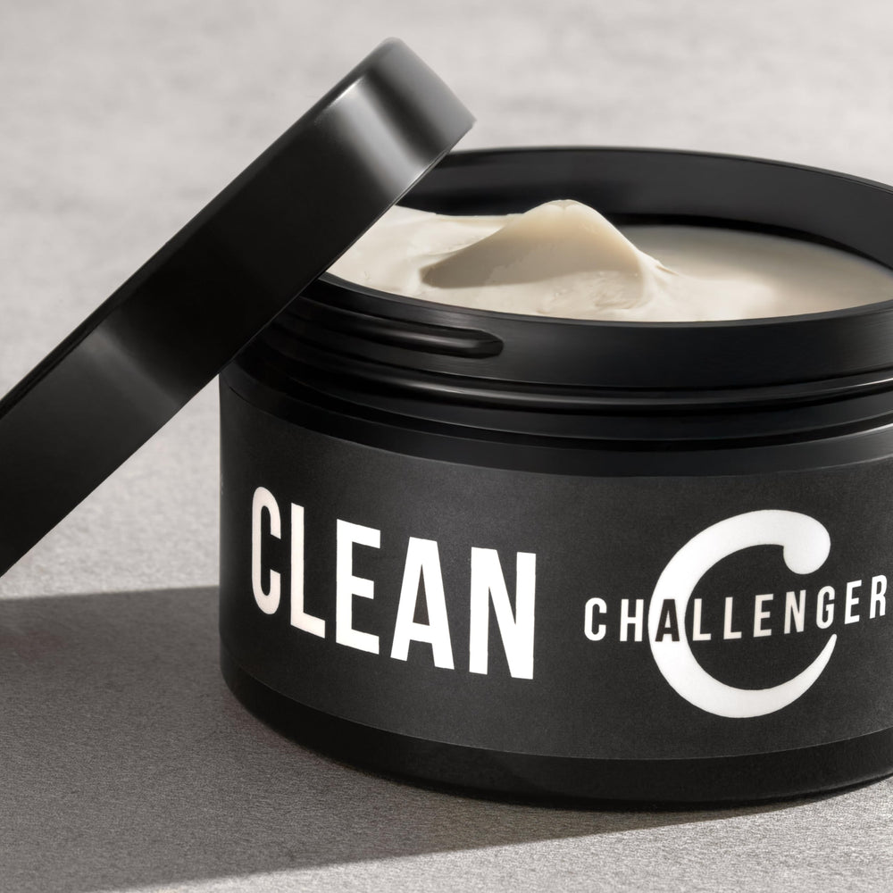 Challenger fragrance-free cream pomade front-jar closeup shows non-sticky, easy-to-rinse formula.