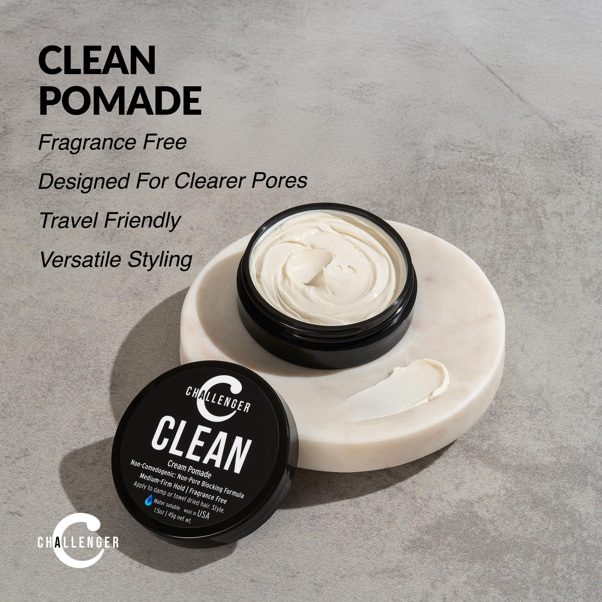 Challenger fragrance-free cream pomade shown in gym bag for convenient use