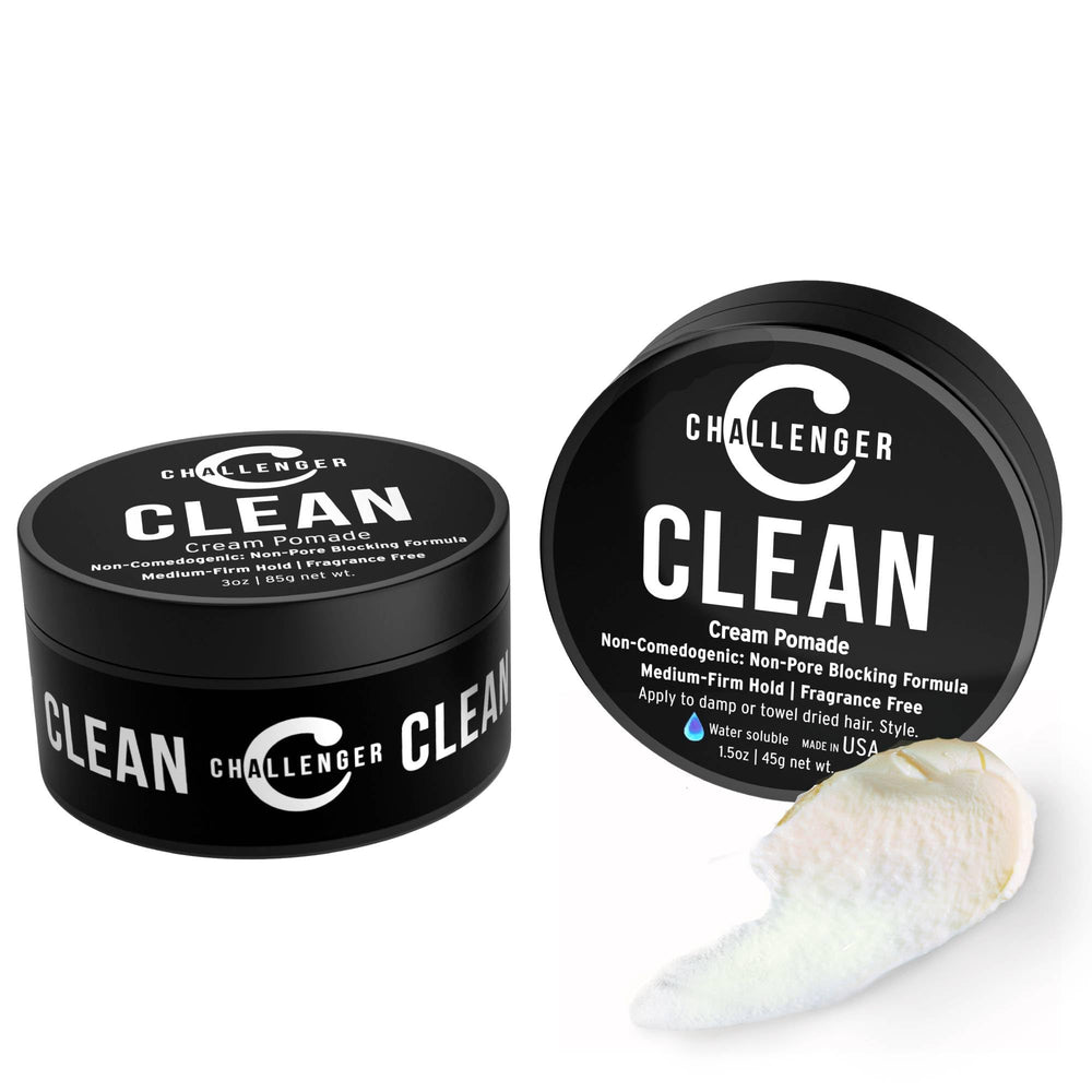 Challenger fragrance-free cream pomade 3oz jar front view for fragrance-free, clean-hair styling.