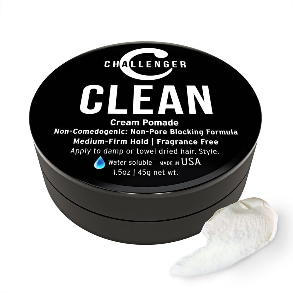 Challenger fragrance-free cream pomade jar shows pore-friendly matte finish for sensitive skin