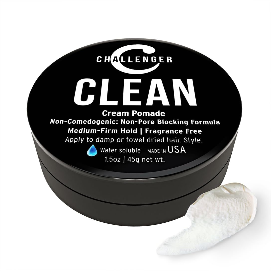 Challenger fragrance-free cream pomade jar shows pore-friendly matte finish for sensitive skin