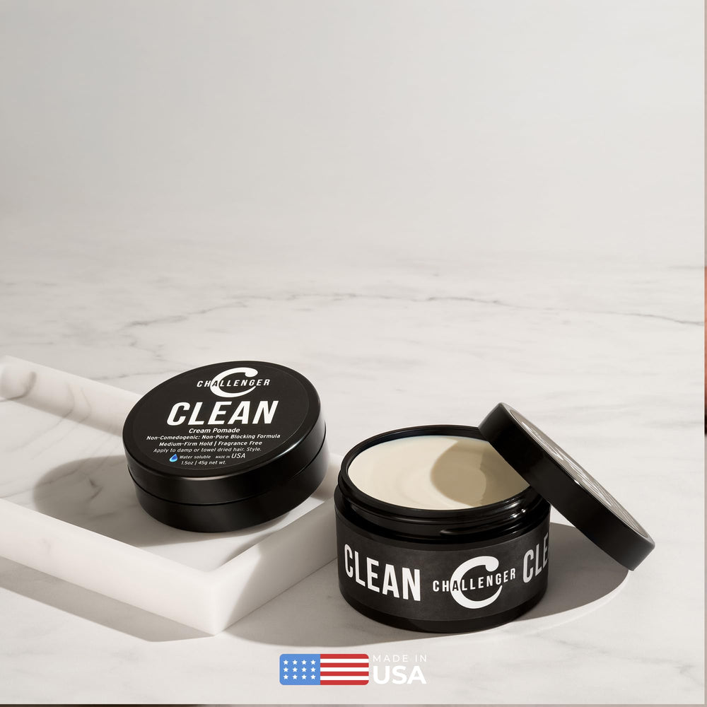 Challenger fragrance-free cream pomade on hair shows natural matte finish and secure hold.