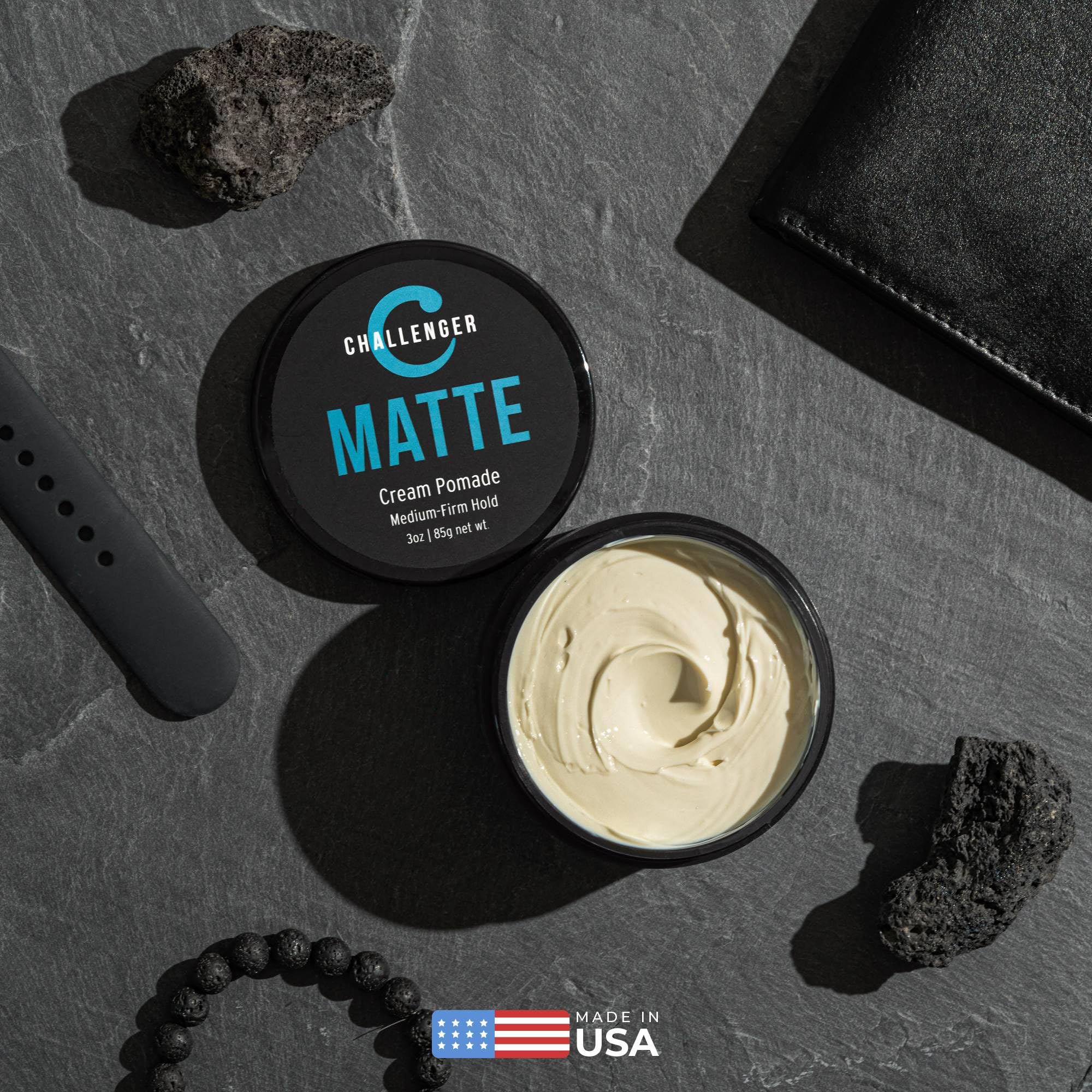 Challenger Matte application on damp hair enables strong hold without flakes