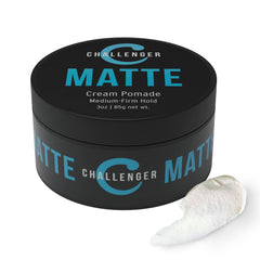 Challenger Matte Cream Pomade bottle shows natural matte finish and all-day hold