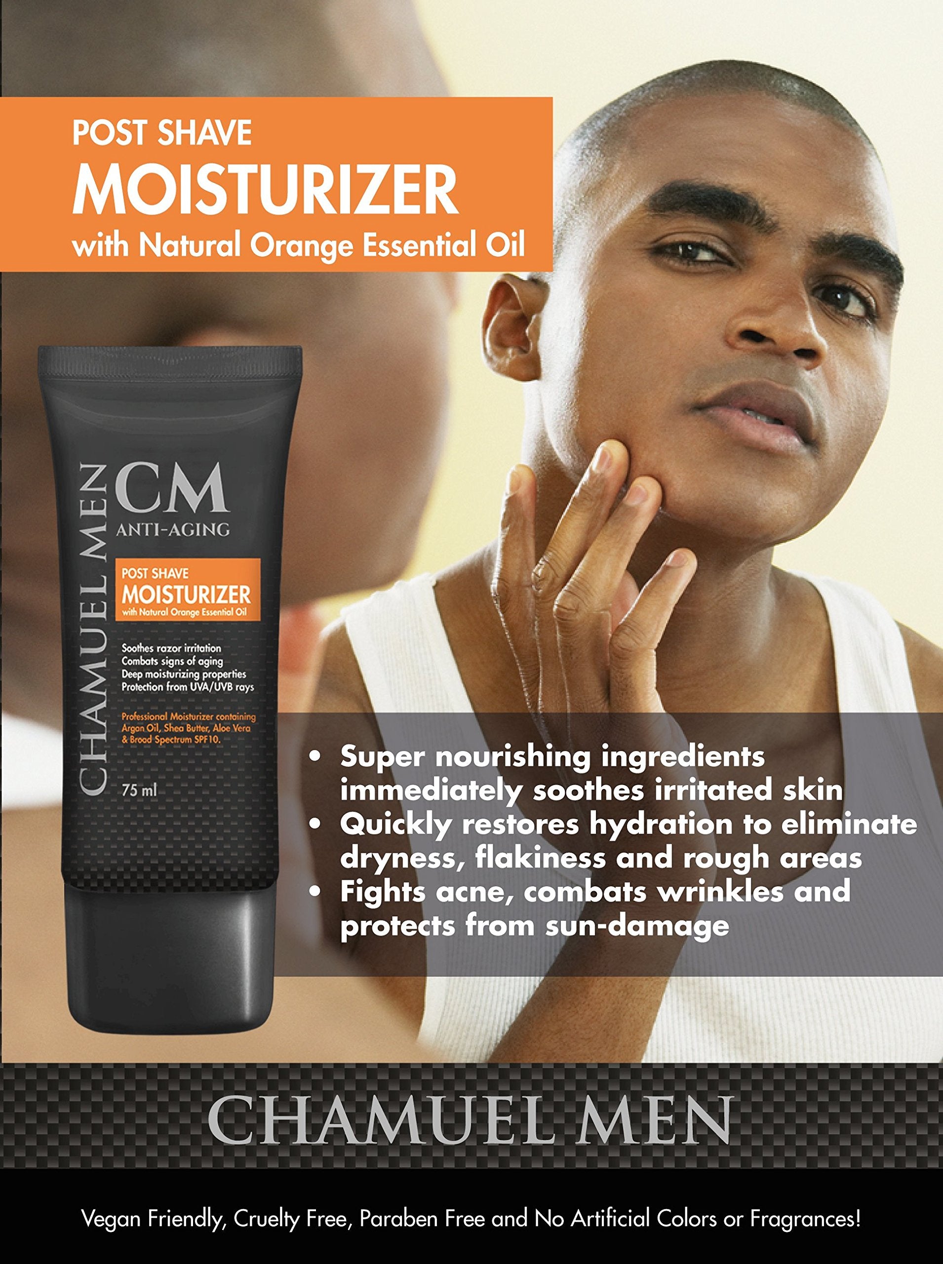 CHAMUEL MEN argan-oil-shea-butter-aloe-cream-tube highlights rich moisture for dry or sensitive skin.
