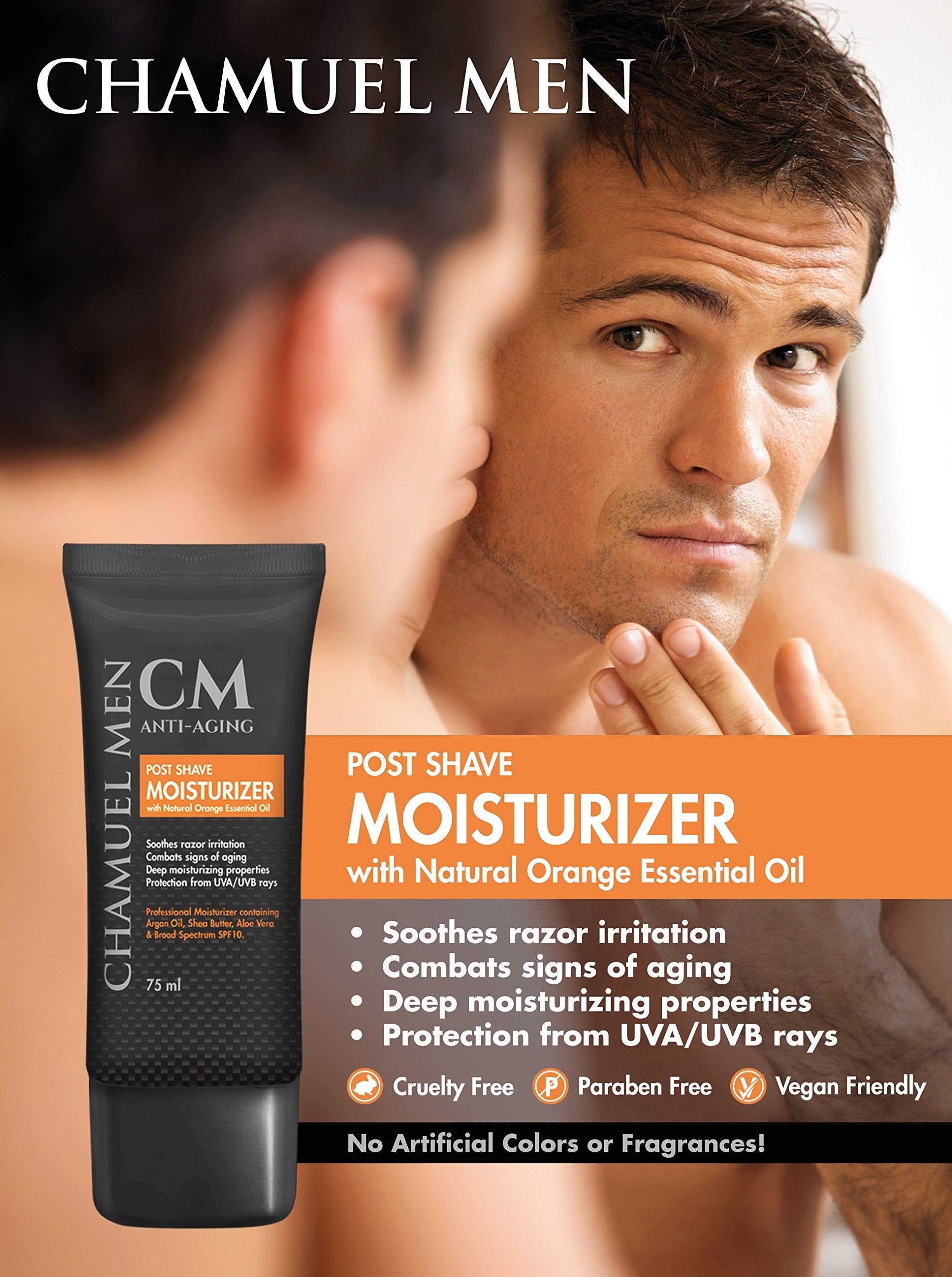 CHAMUEL MEN daily-use-after-shaving-comfort closeup highlights practical grooming benefit.
