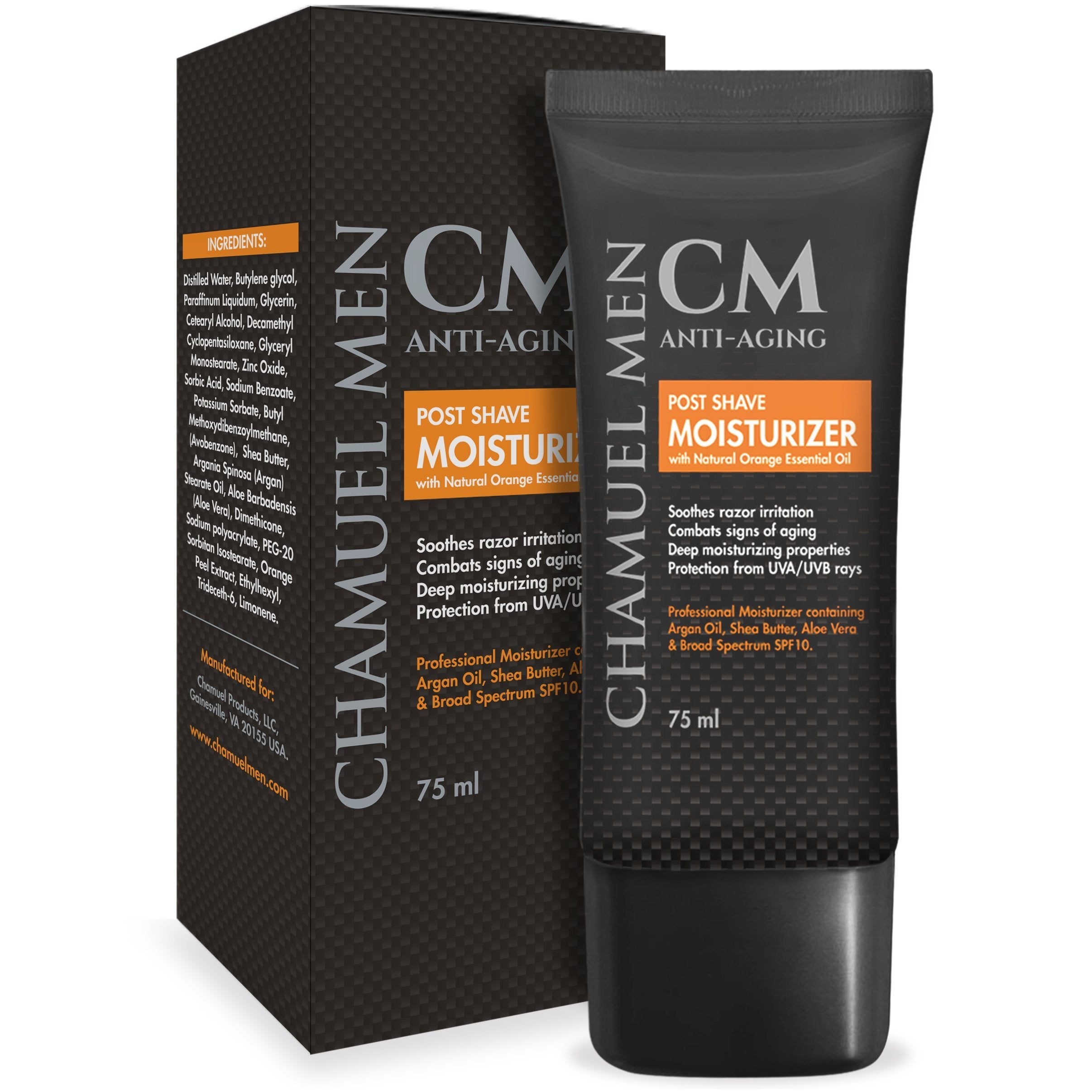 CHAMUEL MEN skin-type-all-types-gentle-formula closeup shows redness reduction and irritation relief.