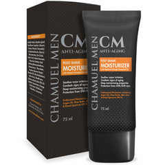 CHAMUEL MEN skin-type-all-types-gentle-formula closeup shows redness reduction and irritation relief.