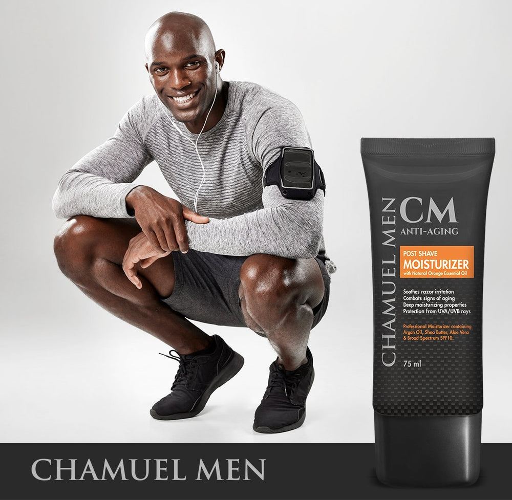 CHAMUEL MEN vegan-cruelty-free-packaging-closeup communicates ethical skincare choice.