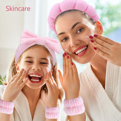 Chanaco pink puffy sponge headband in use for face washing keeps hair dry.
