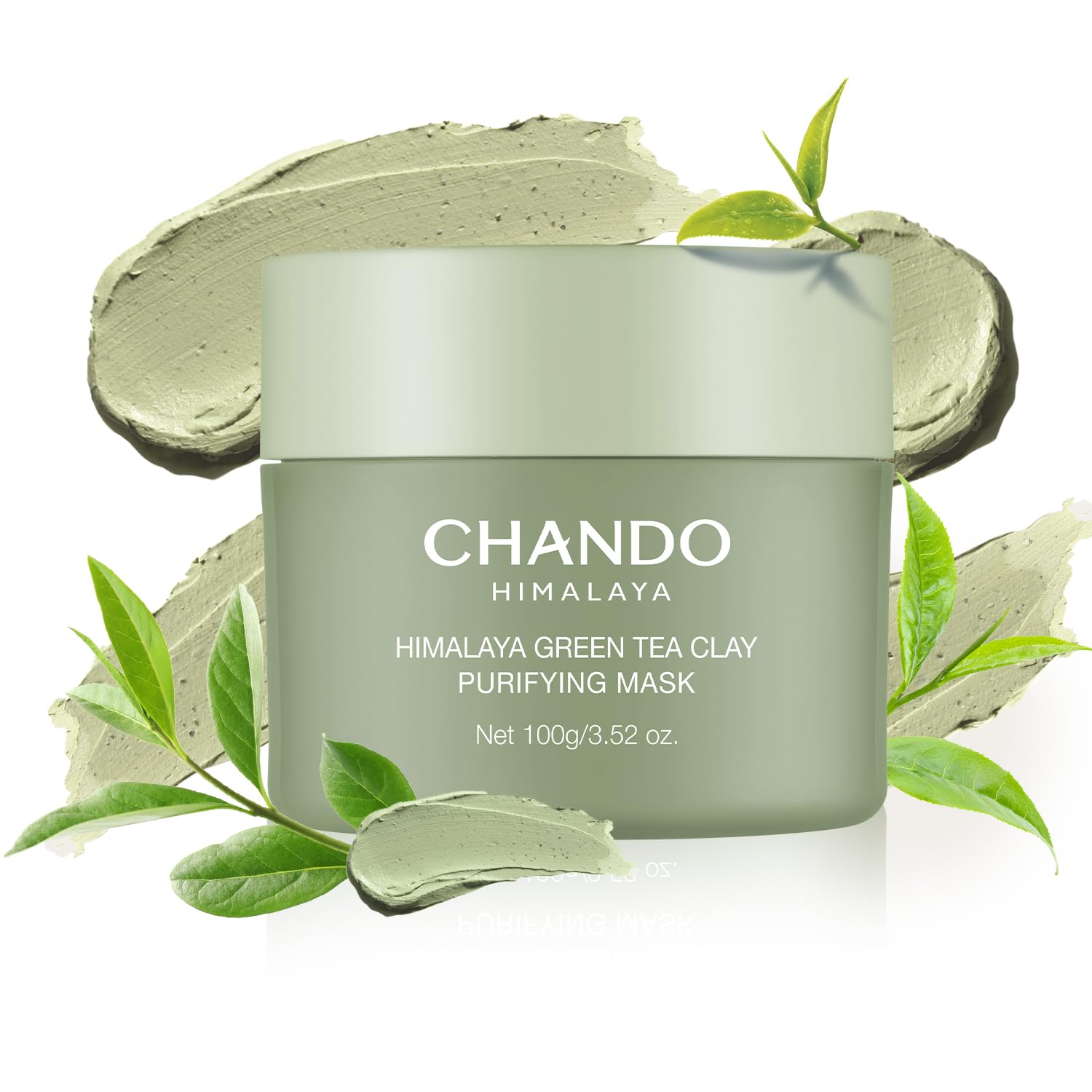 CHANDO HIMALAYA Purifying Green Tea Mask packaging highlights detoxifying clay for clearer pores.
