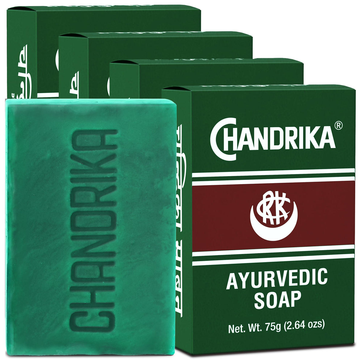 Chandrika Ayurvedic soap bar unwrapped with natural oils for gentle daily cleansing.