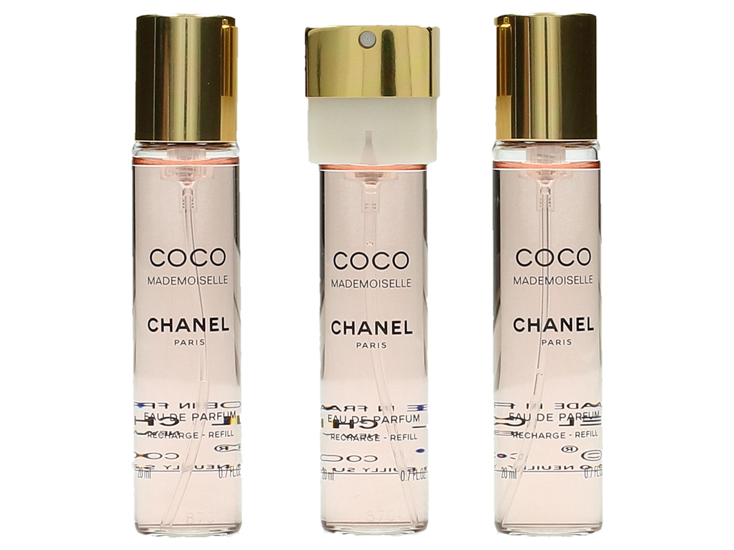 Chanel Coco Mademoiselle Twist & Spray refill bottle closeup for on-the-go fragrance touch-ups.