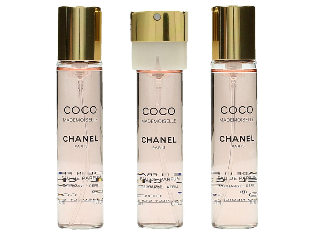 Chanel Coco Mademoiselle Twist & Spray refill bottle closeup for on-the-go fragrance touch-ups.
