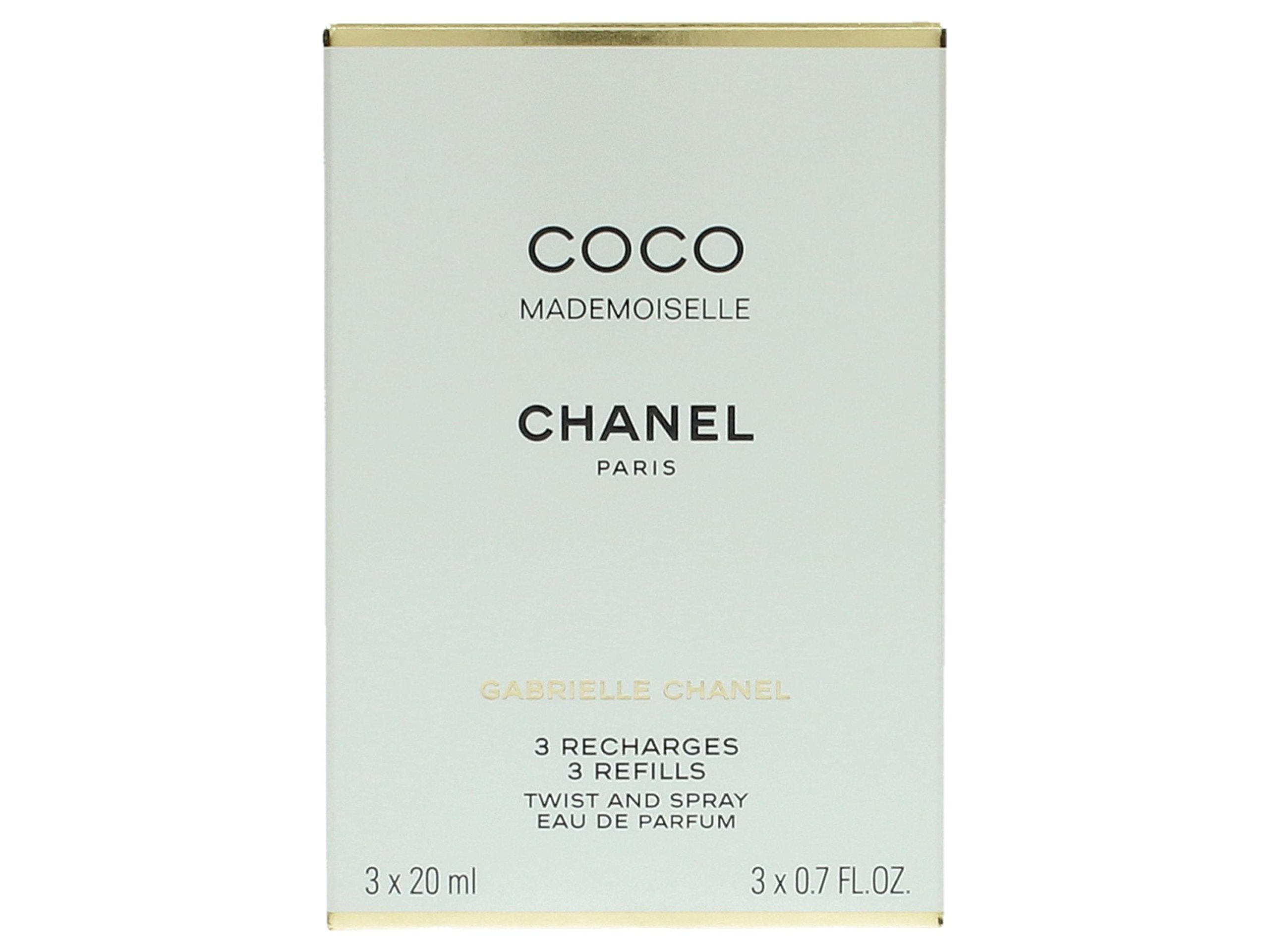 Chanel Coco Mademoiselle Twist & Spray refill packaging shown for easy daily re-fragrance.