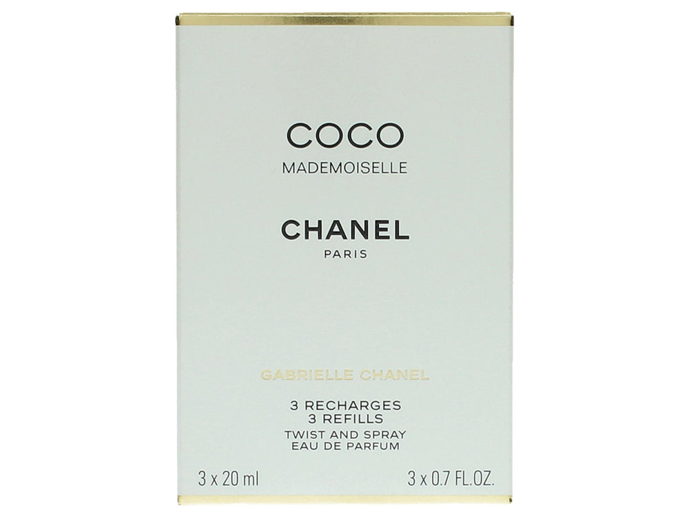 Chanel Coco Mademoiselle Twist & Spray refill packaging shown for easy daily re-fragrance.