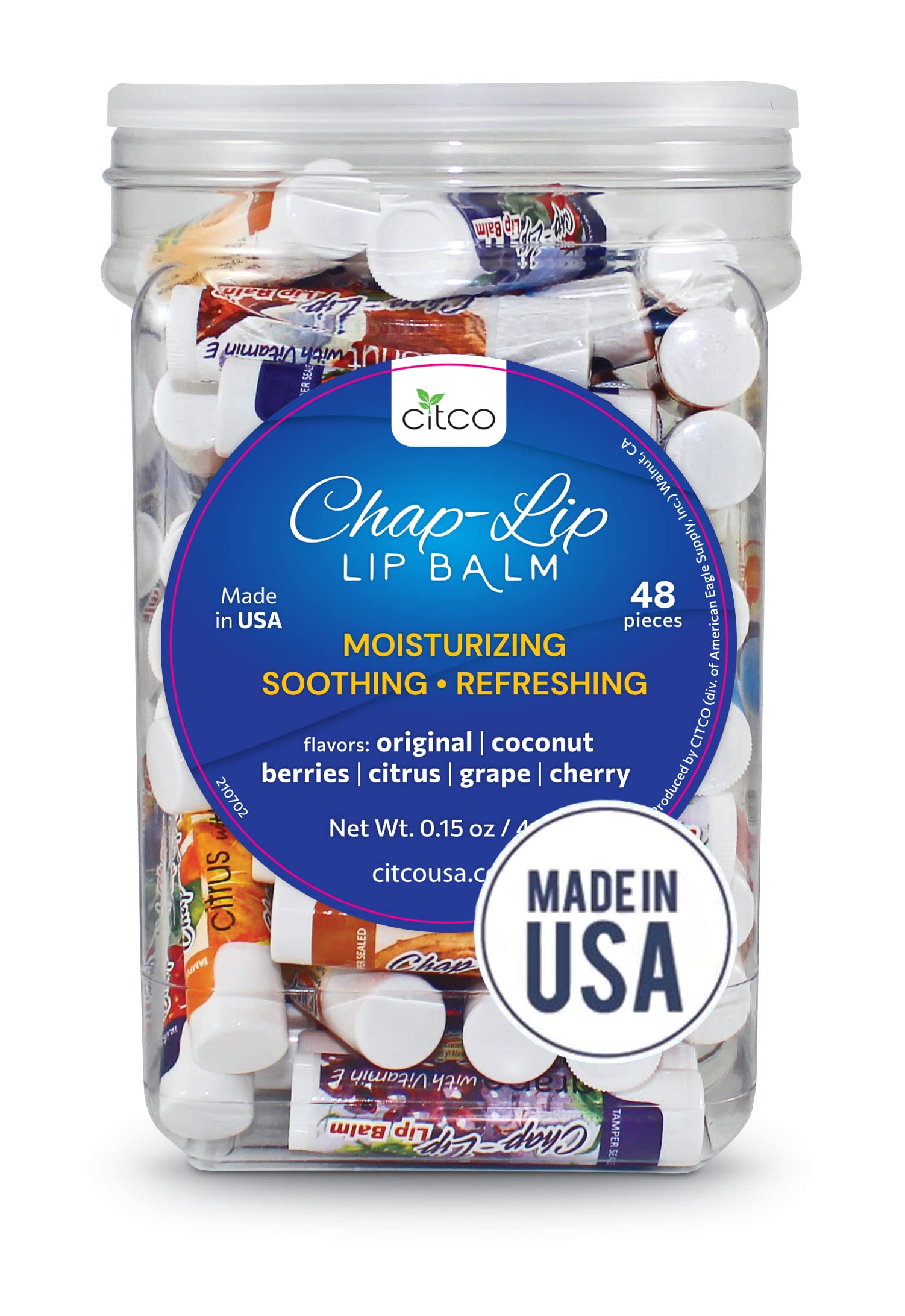 Chap-Lip Lip Balm jar with six flavors offers total hydration.
