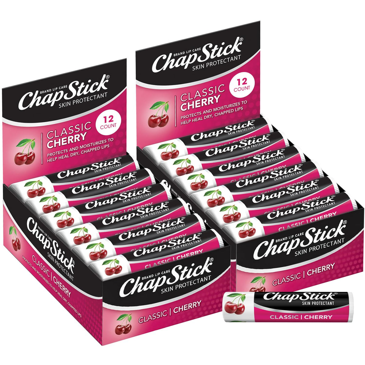 ChapStick bulk cherry lip balm 24-pack box for easy daily hydration on the go.