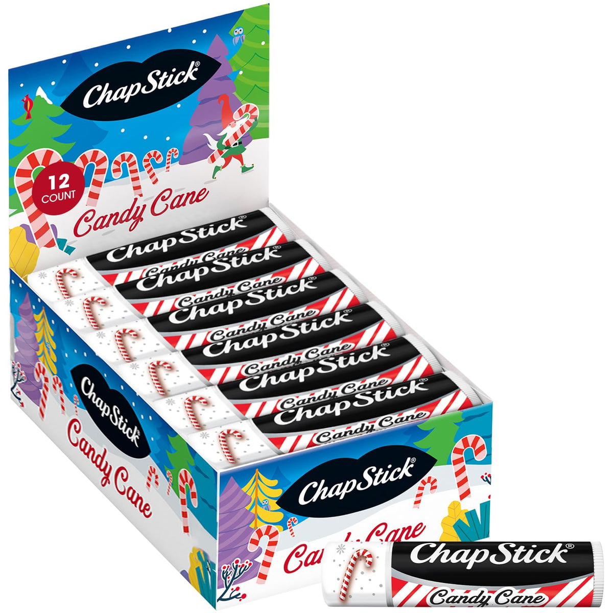 ChapStick Candy Cane bulk tubes displayed for gifting and everyday moisture.