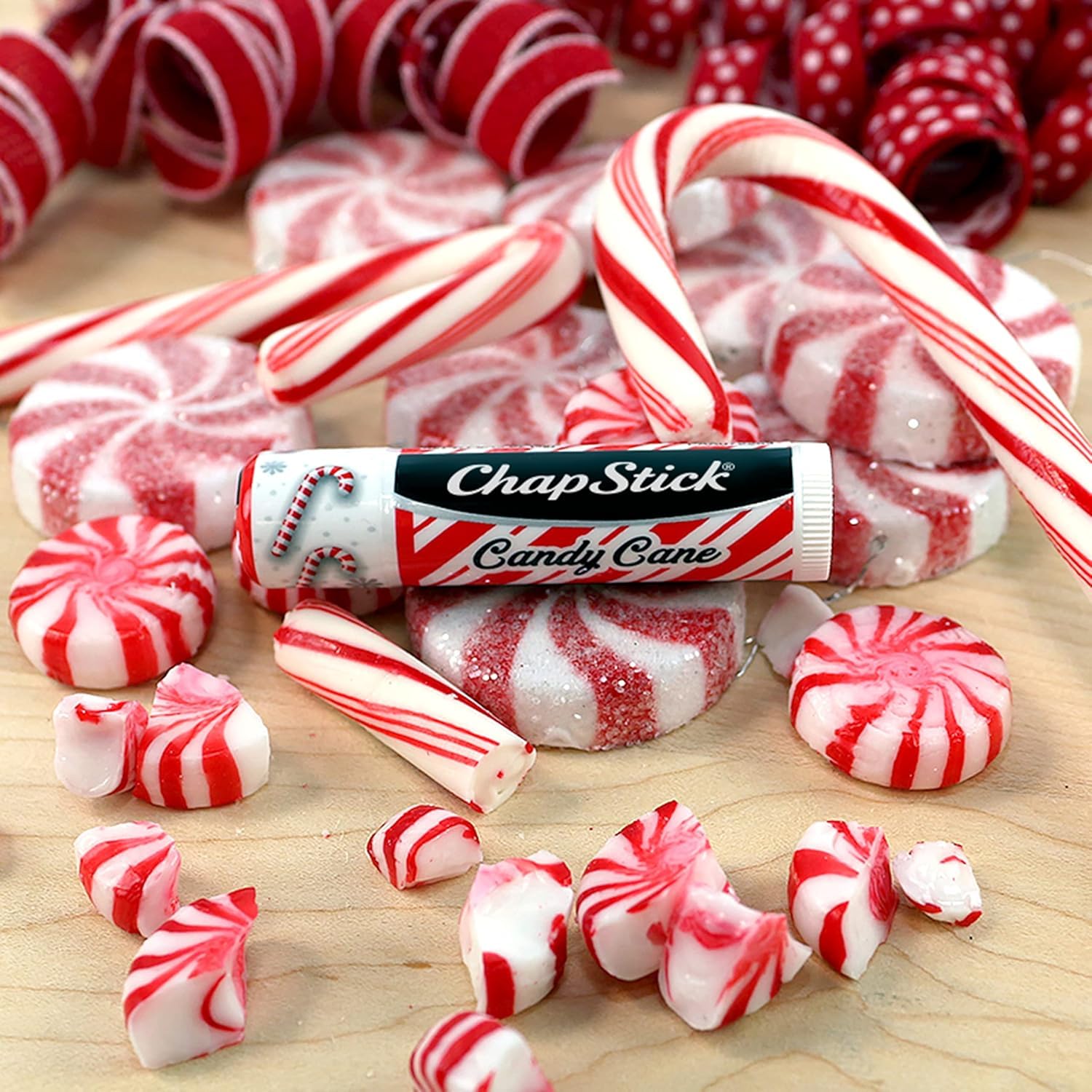 ChapStick Candy Cane packaging on shelf highlighting bulk value and stocking-stuffer appeal.