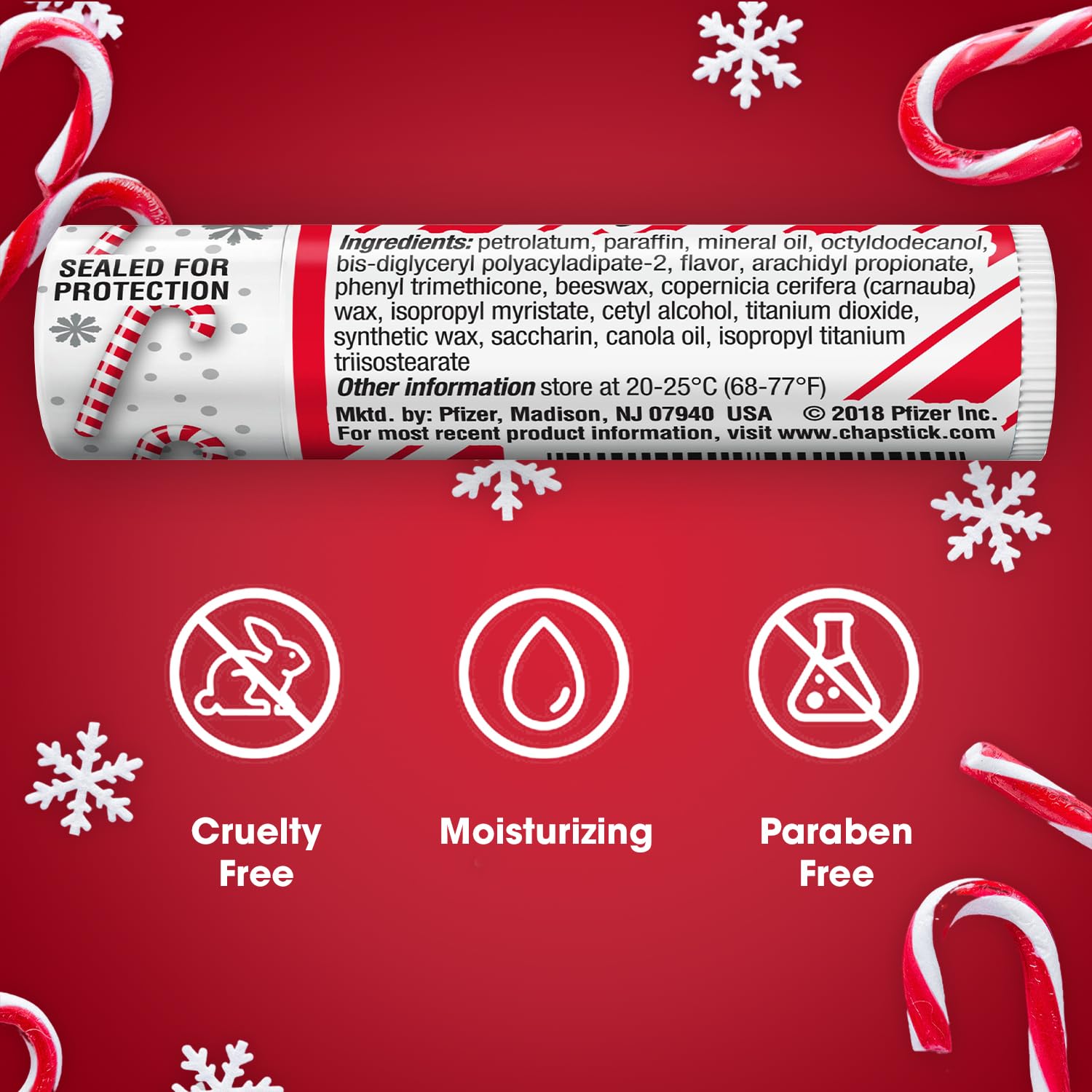 Travel-friendly ChapStick Candy Cane tube ready for on-the-go lips.