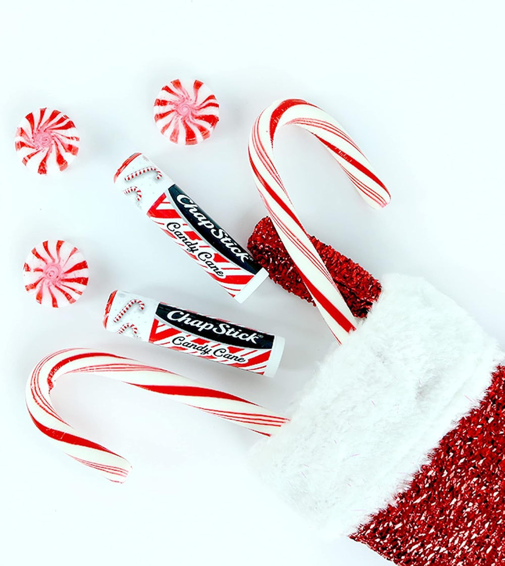 Close-up of ChapStick Candy Cane tube showing minty flavor and smooth glide.