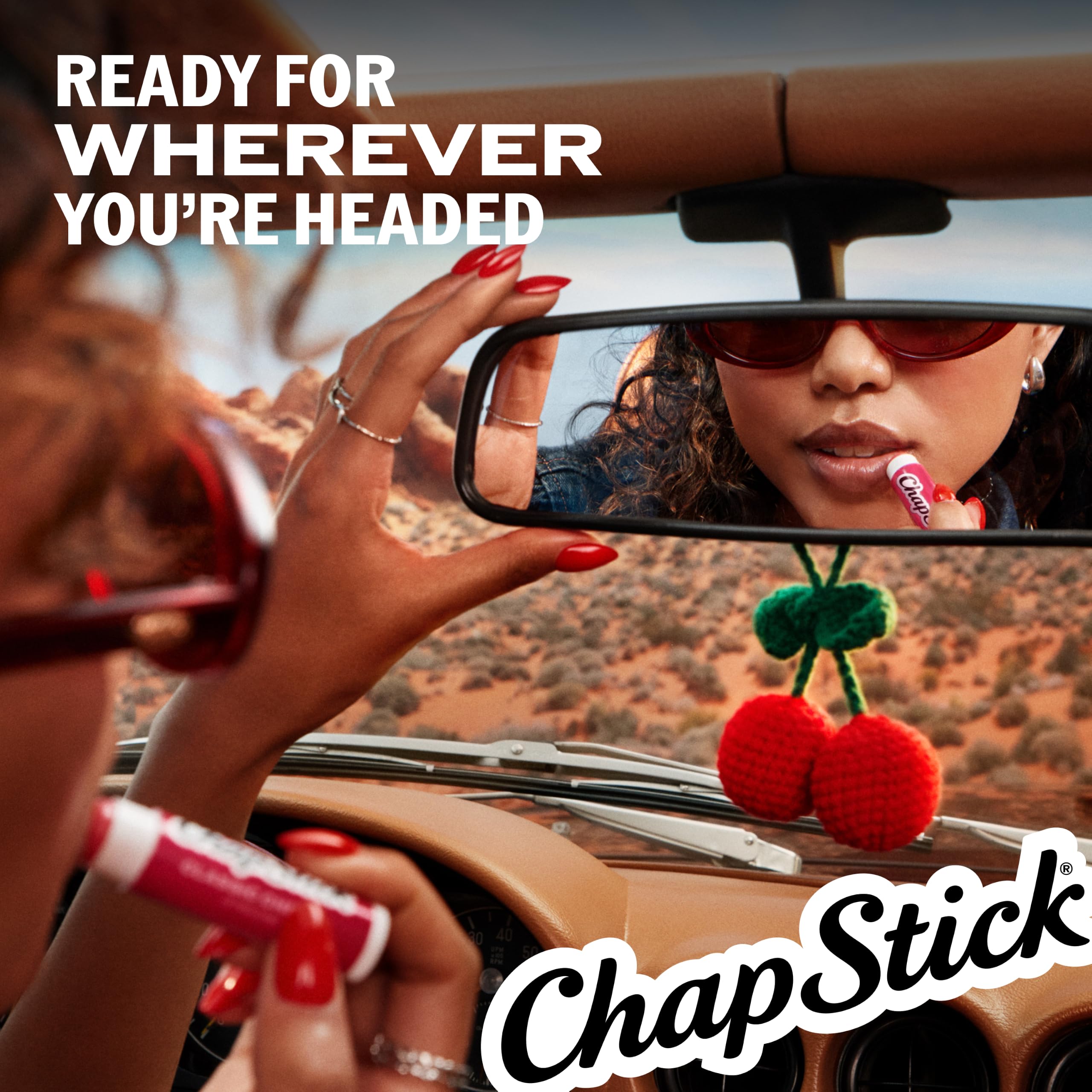 Label close-up on ChapStick cherry tube showing brand and product details