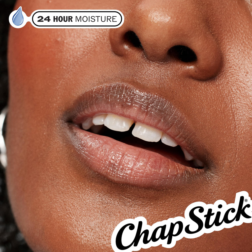 Texture shot of ChapStick cherry balm showing lightweight sheen and hydration