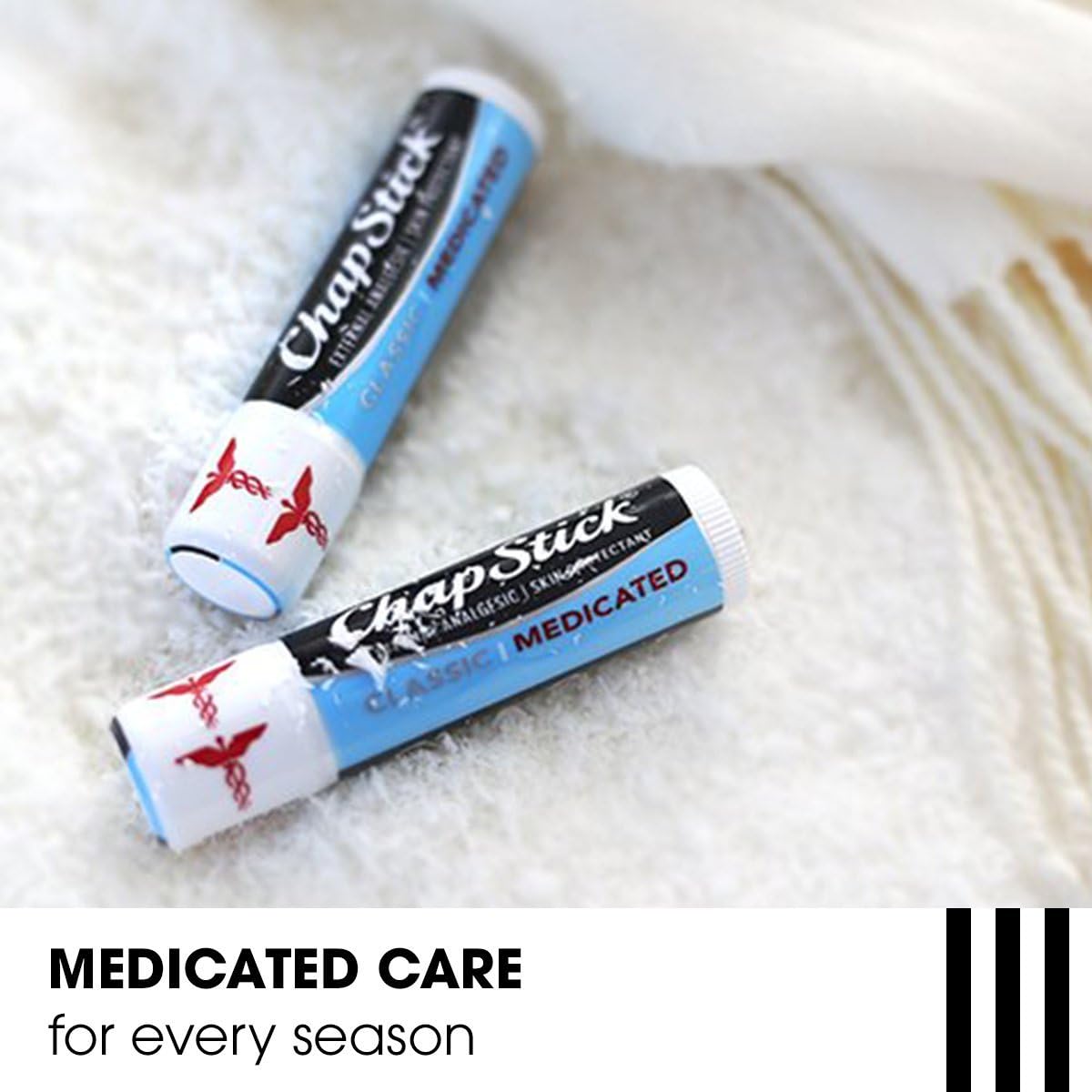 ChapStick Classic Medicated lip balm on lips shows relief from dryness and chapping.
